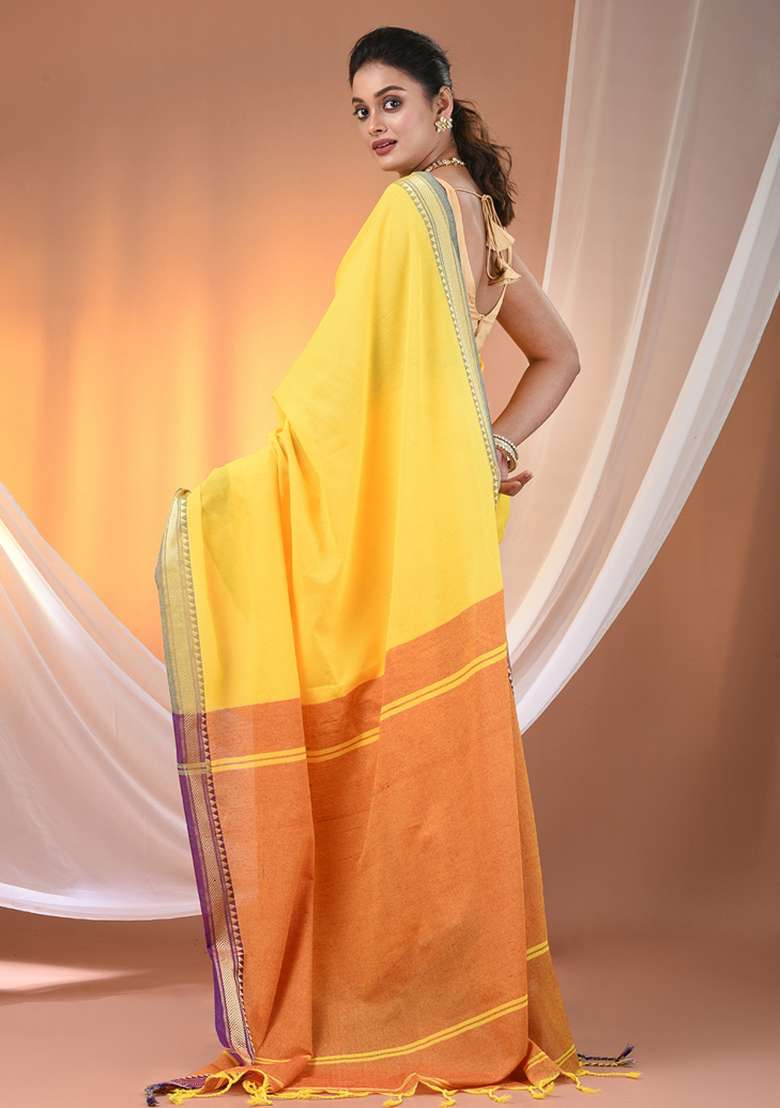 Yellow Floral Embroidery Cotton Saree Set for Diwali and Festive Wear - Indya