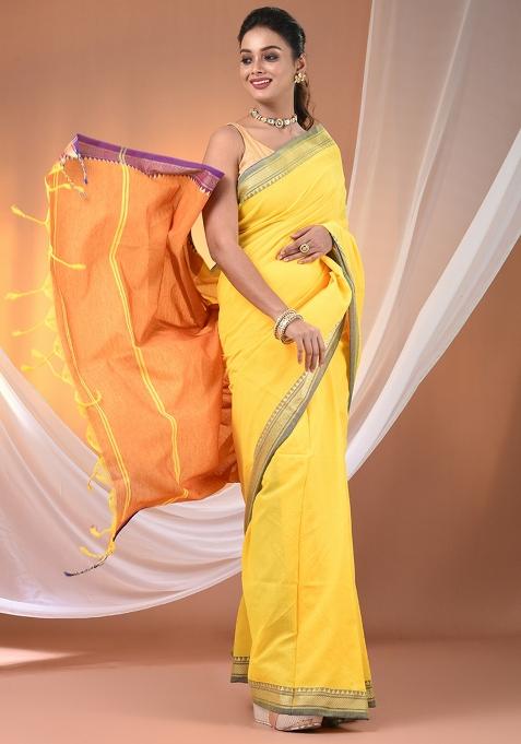 Yellow Floral Embroidery Cotton Saree Set