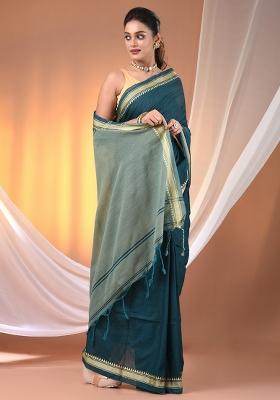 Teal Floral Embroidery Cotton Saree Set