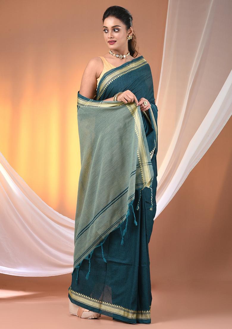 Teal Floral Embroidery Cotton Saree Set