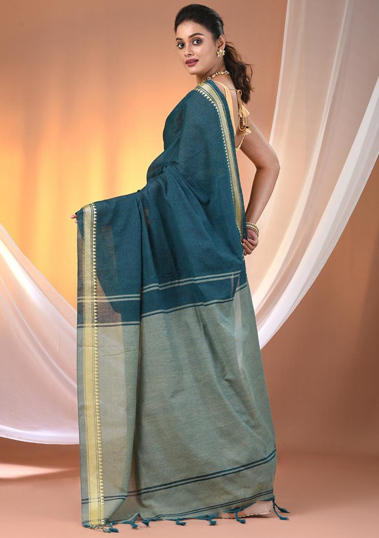 Teal Floral Embroidery Cotton Saree Set