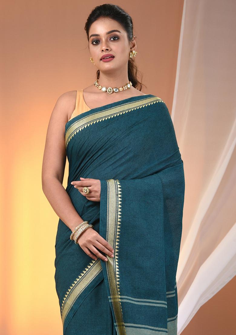 Teal Floral Embroidery Cotton Saree Set - Indya