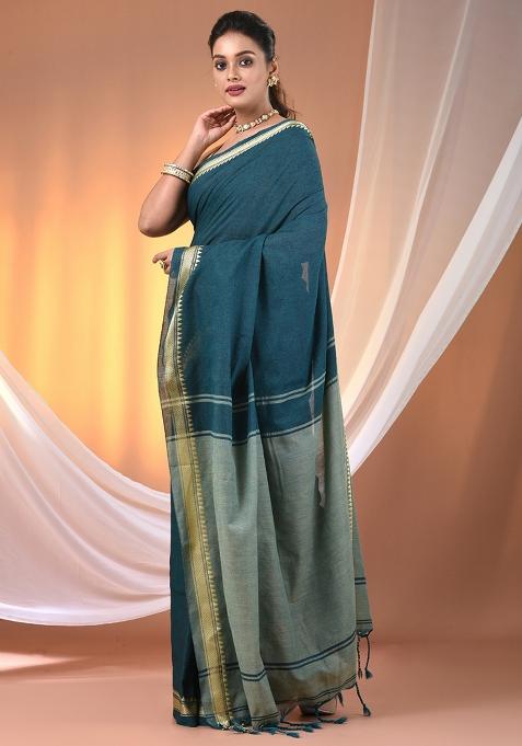 Teal Floral Embroidery Cotton Saree Set