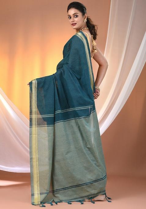 Teal Floral Embroidery Cotton Saree Set