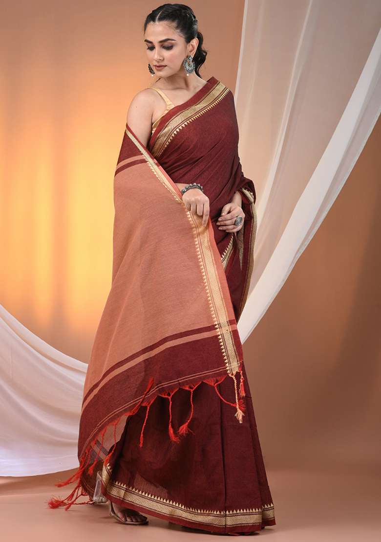 Maroon Floral Cotton Saree Set with Embroidery for Diwali | Wedding & Festive Wear - Indya
