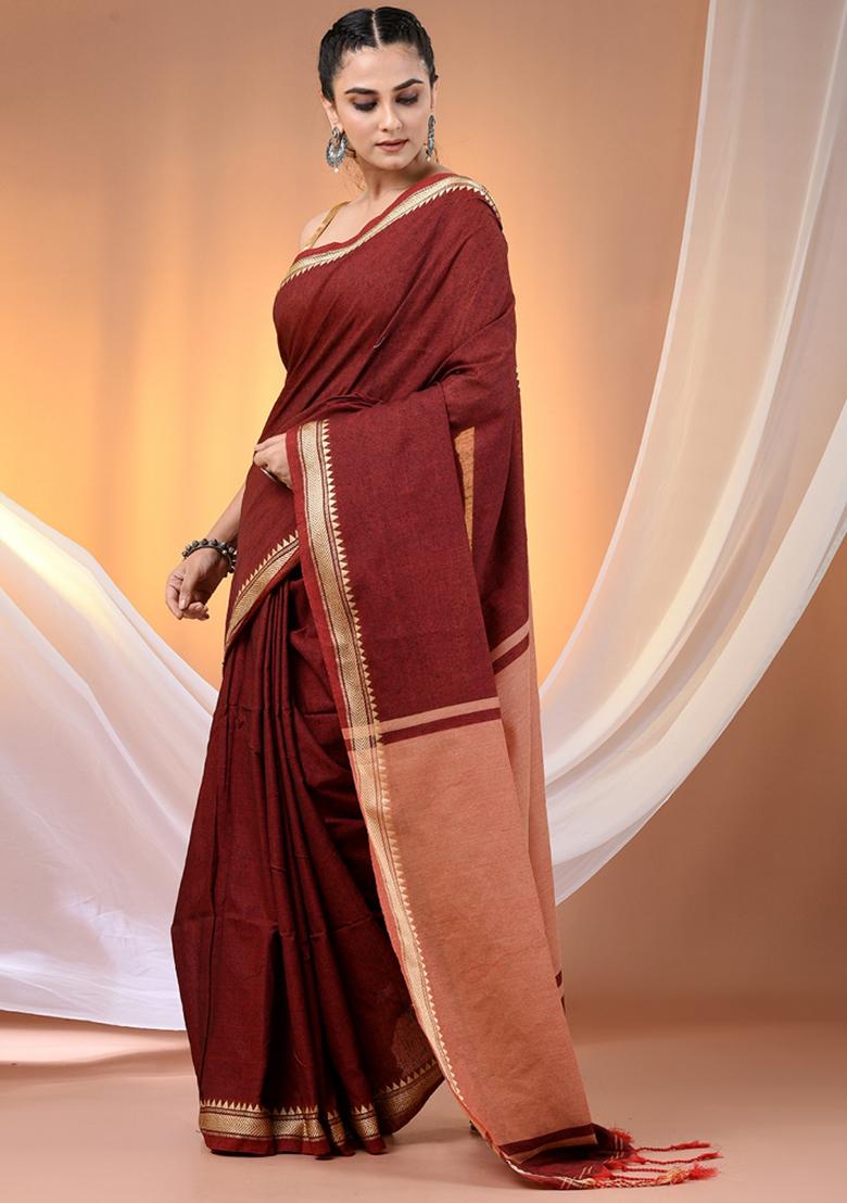 Maroon Floral Embroidery Cotton Saree Set - Indya