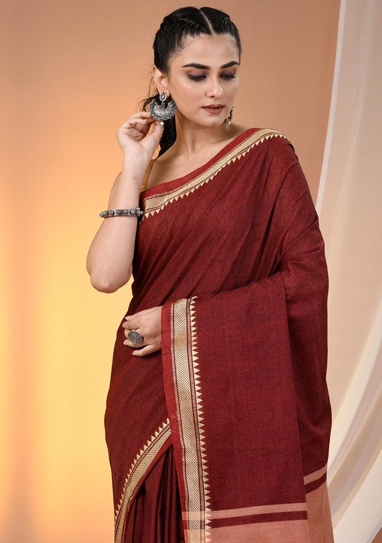 Maroon Floral Embroidery Cotton Saree Set - Indya