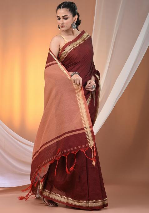 Maroon Floral Embroidery Cotton Saree Set