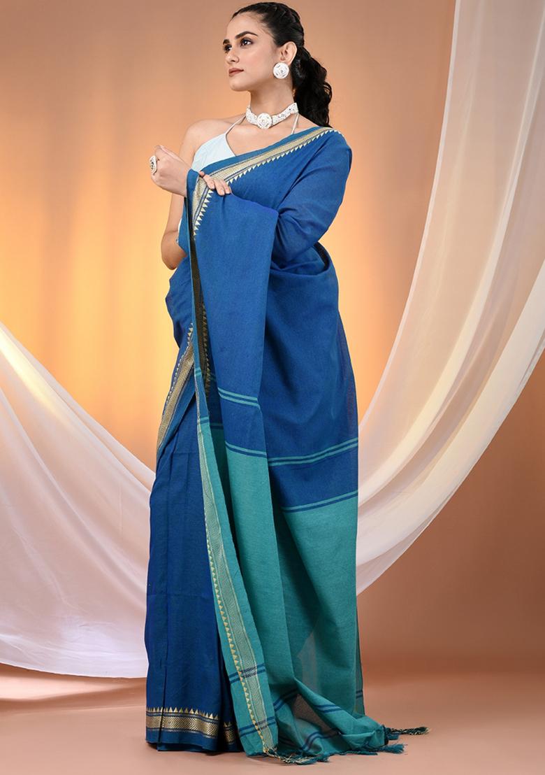 Sapphire Blue Floral Embroidery Cotton Saree Set - Indya