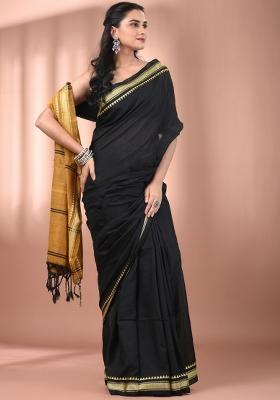 Black Floral Embroidery Cotton Saree Set
