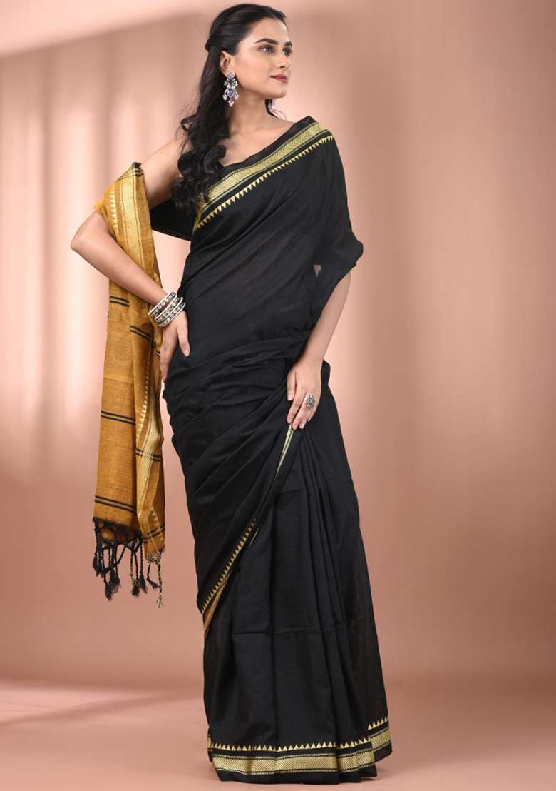 Black Floral Cotton Saree Set with Embroidery for Diwali | Wedding & Festive Wear - Indya