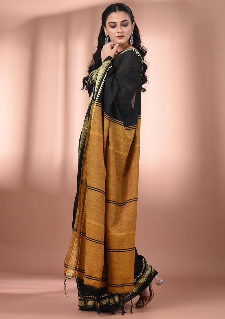 Black Floral Embroidery Cotton Saree Set - Indya