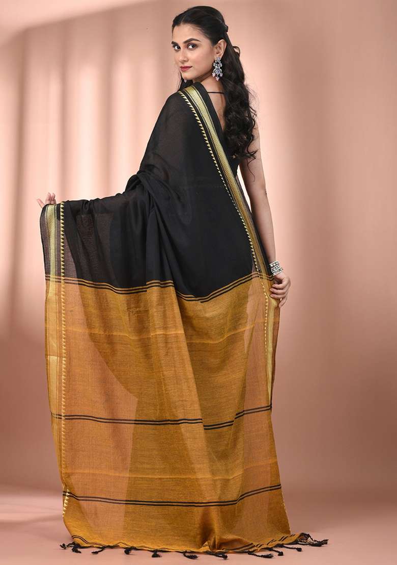 Black Floral Cotton Saree Set with Embroidery for Diwali | Wedding & Festive Wear - Indya