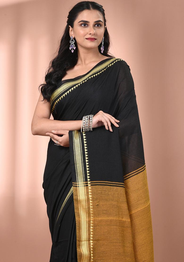 Black Floral Embroidery Cotton Saree Set - Indya