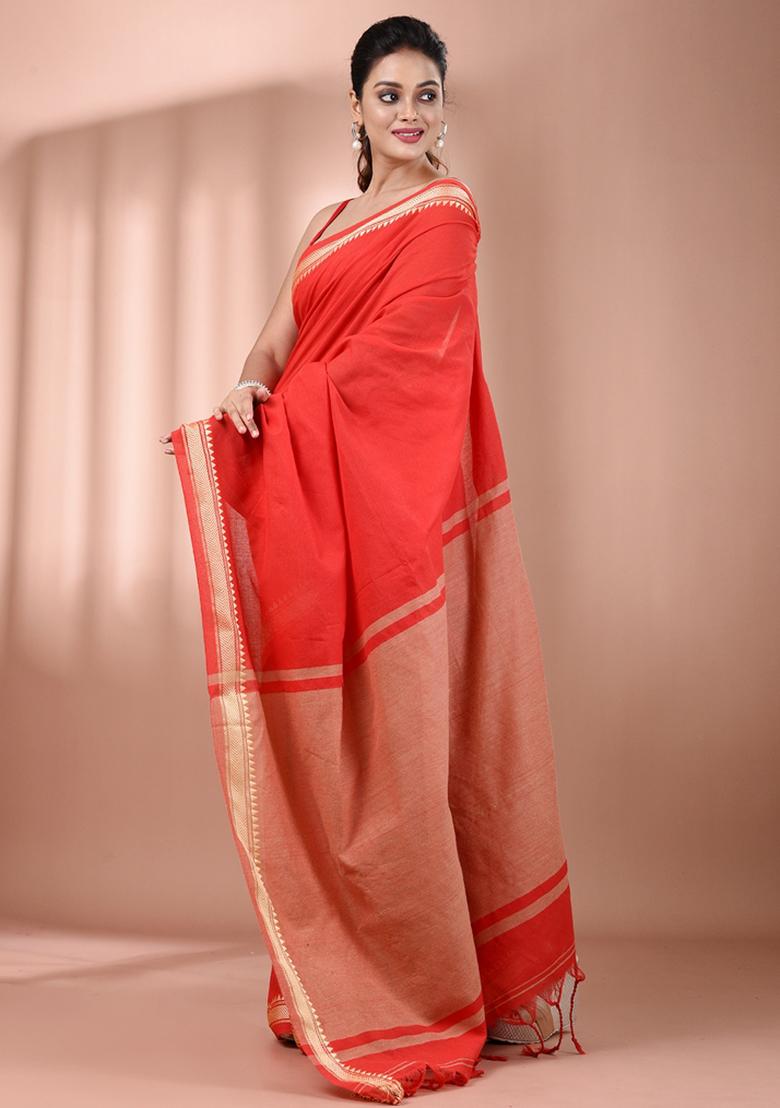 Red Floral Embroidery Cotton Saree Set - Indya