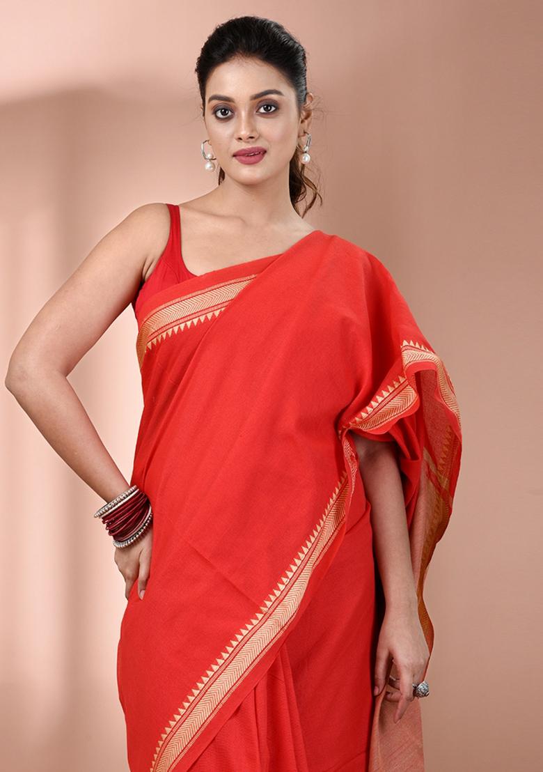 Red Floral Embroidery Cotton Saree Set - Indya