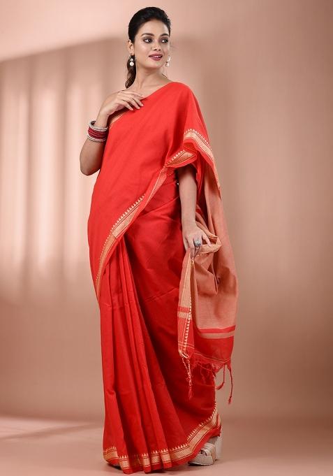 Red Floral Embroidery Cotton Saree Set