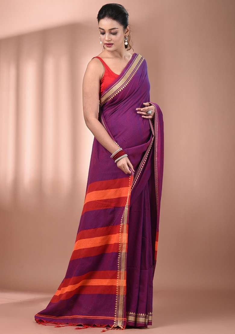 Purple Floral Embroidery Cotton Saree Set for Diwali and Festive Wear - Indya