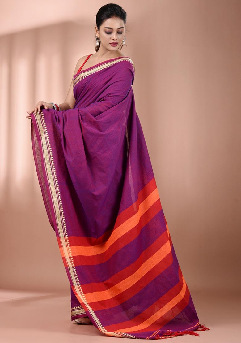 Purple Floral Embroidery Cotton Saree Set - Indya