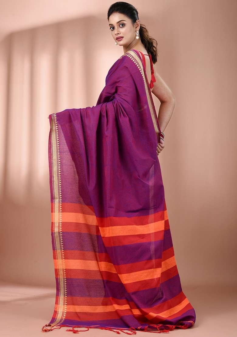 Purple Floral Embroidery Cotton Saree Set for Diwali and Festive Wear - Indya