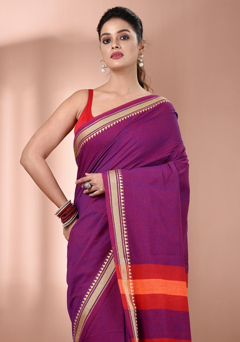 Purple Floral Embroidery Cotton Saree Set - Indya