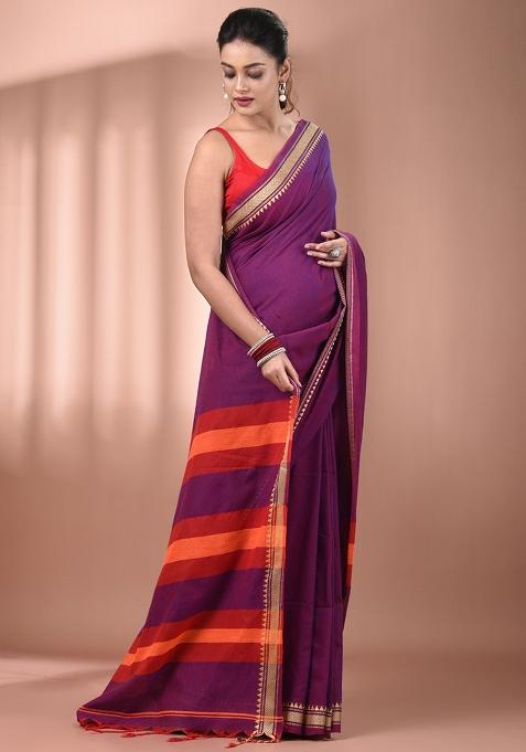 Purple Floral Embroidery Cotton Saree Set