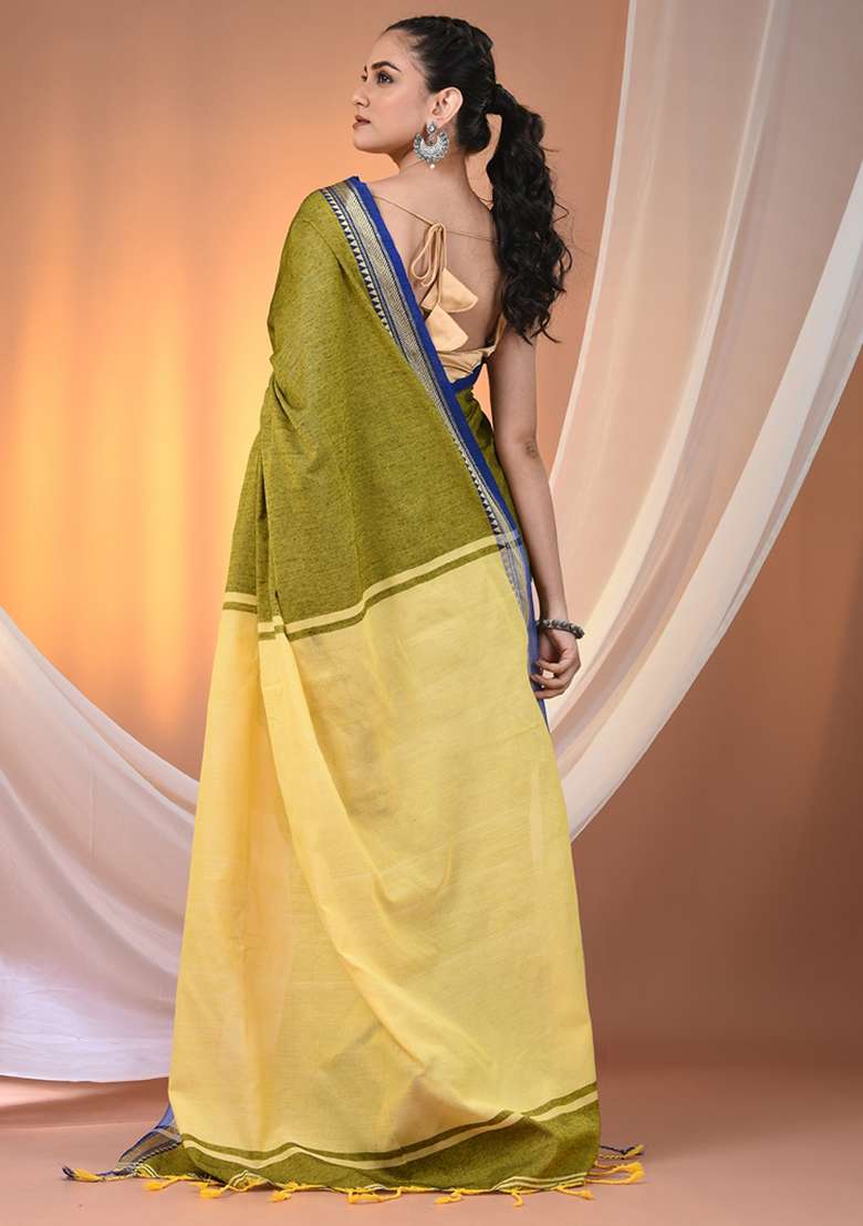 Sap Green Floral Cotton Saree Set with Embroidery for Diwali | Wedding & Festive Wear - Indya