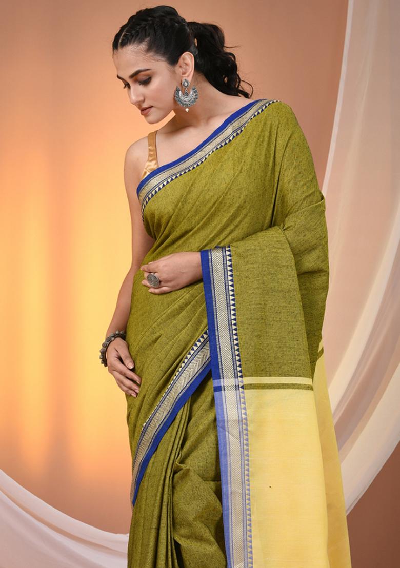 Sap Green Floral Embroidery Cotton Saree Set - Indya