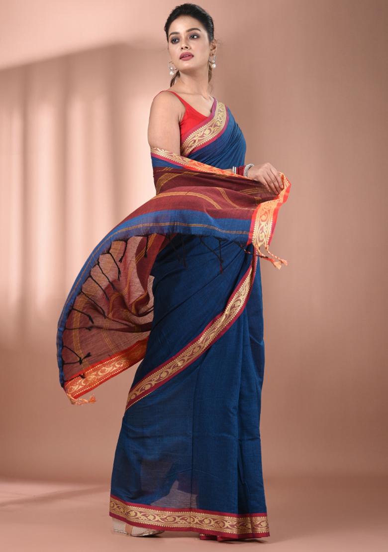 Sapphire Blue Floral Embroidery Cotton Saree - Indya