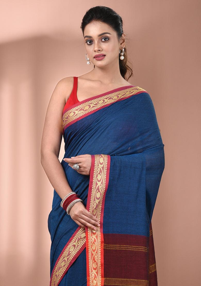 Sapphire Blue Floral Embroidery Cotton Saree - Indya