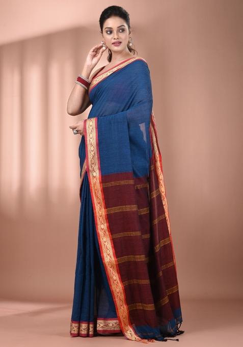 Sapphire Blue Floral Embroidery Cotton Saree