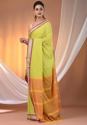 Lime Green Floral Embroidery Cotton Saree