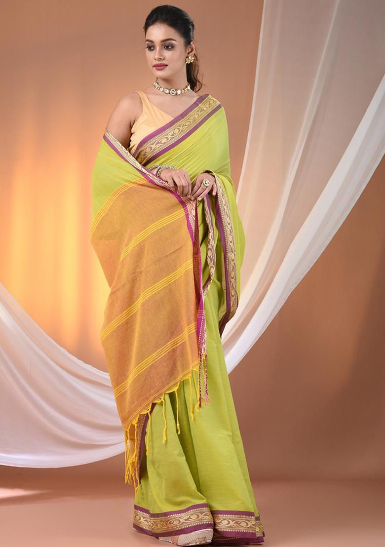Lime Green Floral Embroidery Cotton Saree - Indya