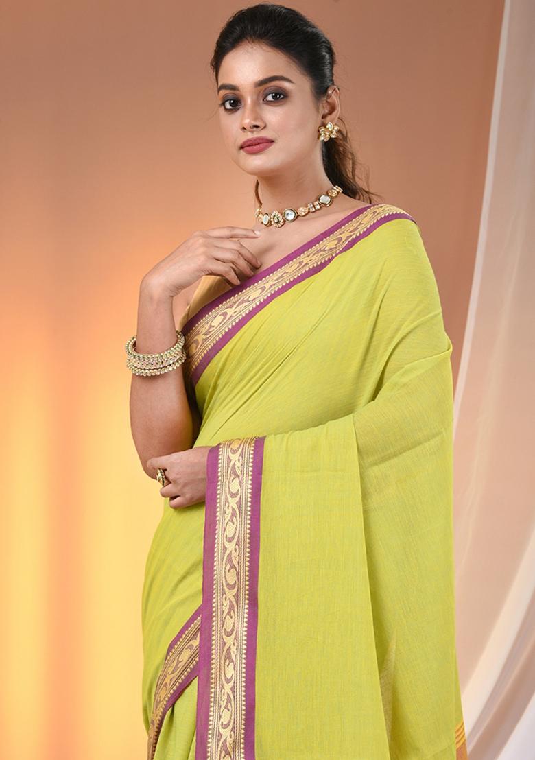 Lime Green Floral Embroidery Cotton Saree - Indya