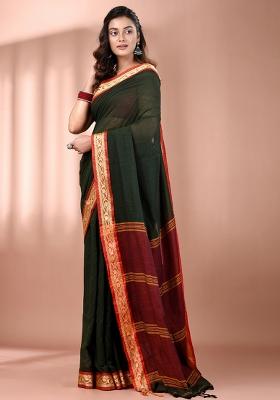 Bottle Green Floral Embroidery Cotton Saree
