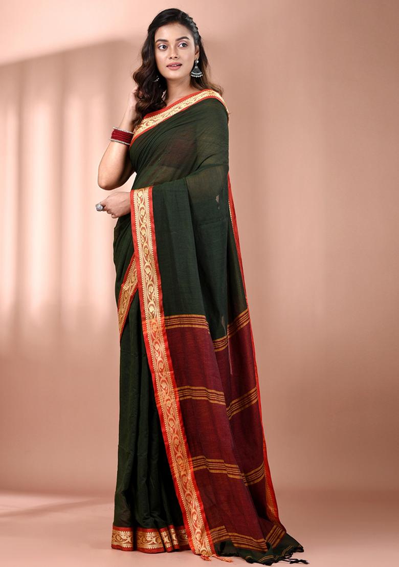 Bottle Green Floral Embroidery Cotton Saree - Indya