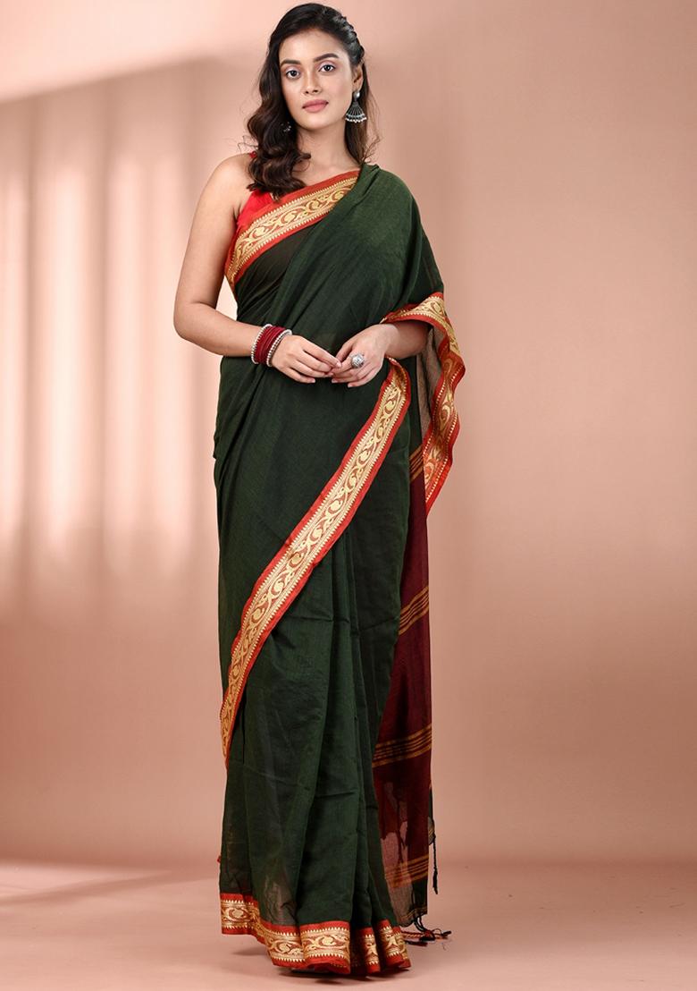 Bottle Green Floral Embroidery Cotton Saree - Indya