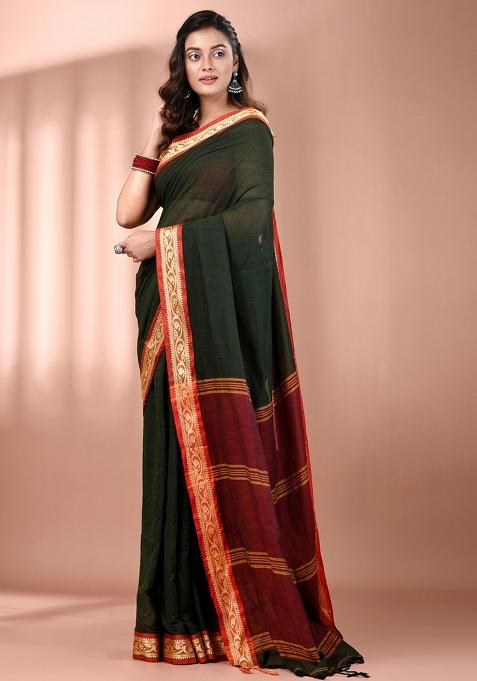 Bottle Green Floral Embroidery Cotton Saree