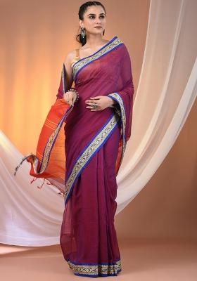 Purple Floral Embroidery Cotton Saree