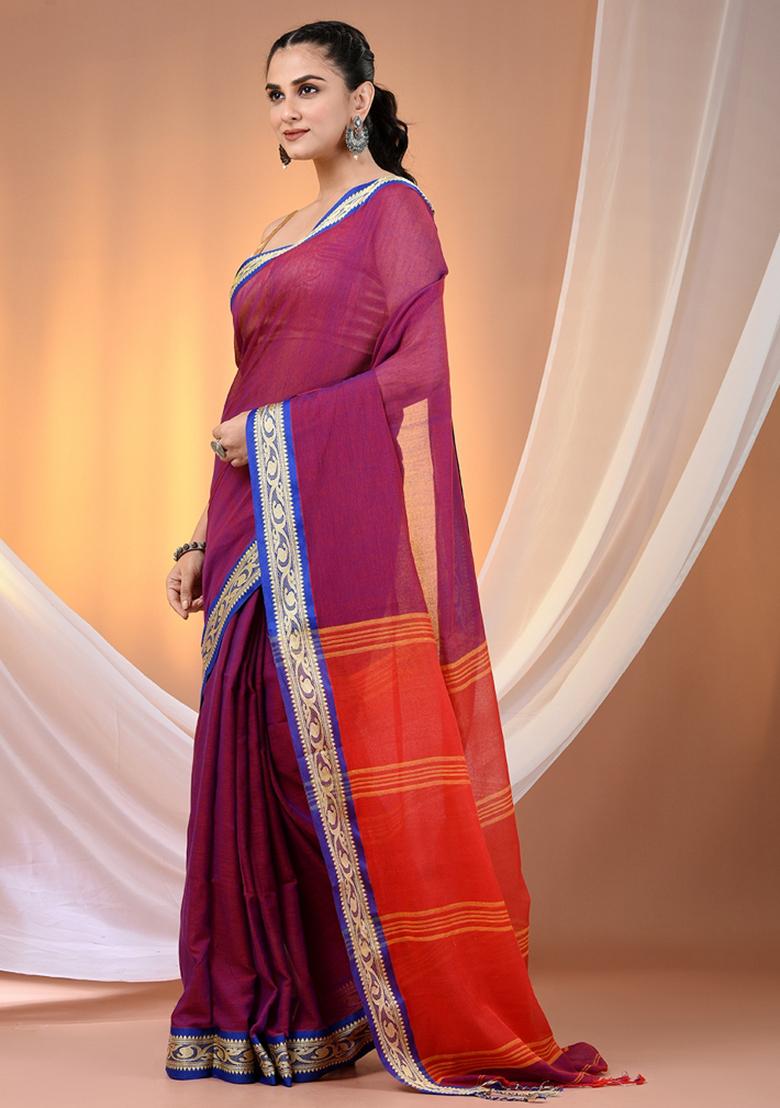 Purple Floral Embroidery Cotton Saree - Indya