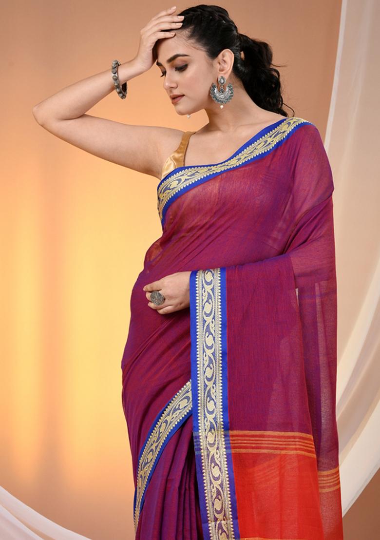 Purple Floral Embroidery Cotton Saree - Indya