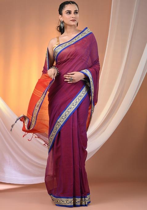 Purple Floral Embroidery Cotton Saree