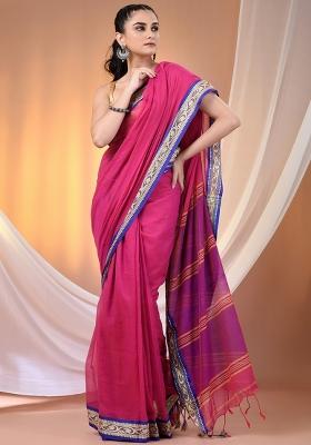 Pink Floral Embroidery Cotton Saree