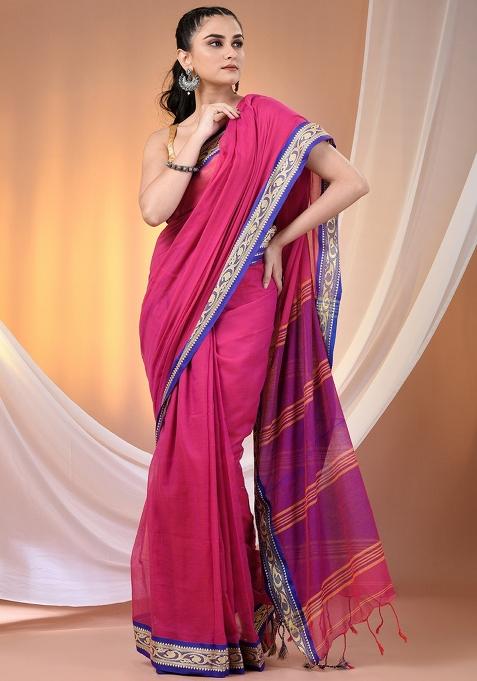 Pink Floral Embroidery Cotton Saree