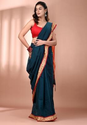 Teal Floral Embroidery Cotton Saree