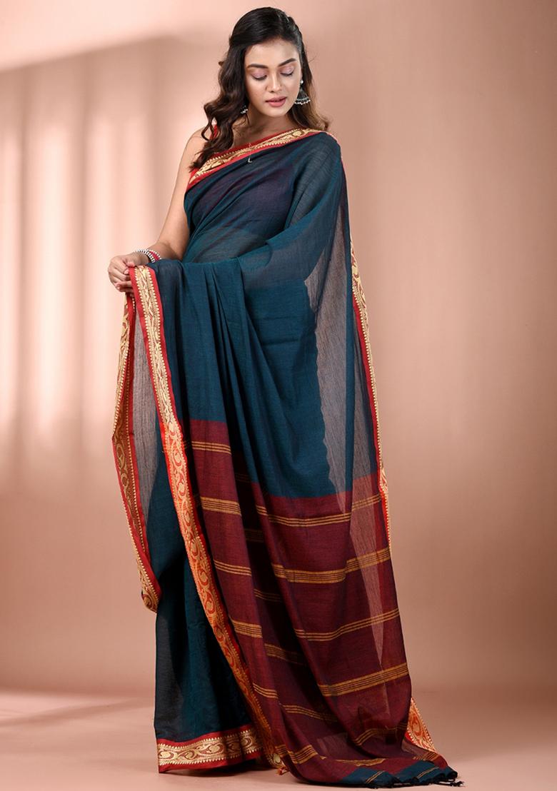 Teal Floral Embroidery Cotton Saree - Indya