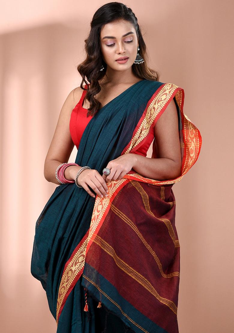 Teal Floral Embroidery Cotton Saree - Indya