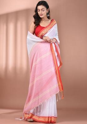 White Floral Embroidery Cotton Saree