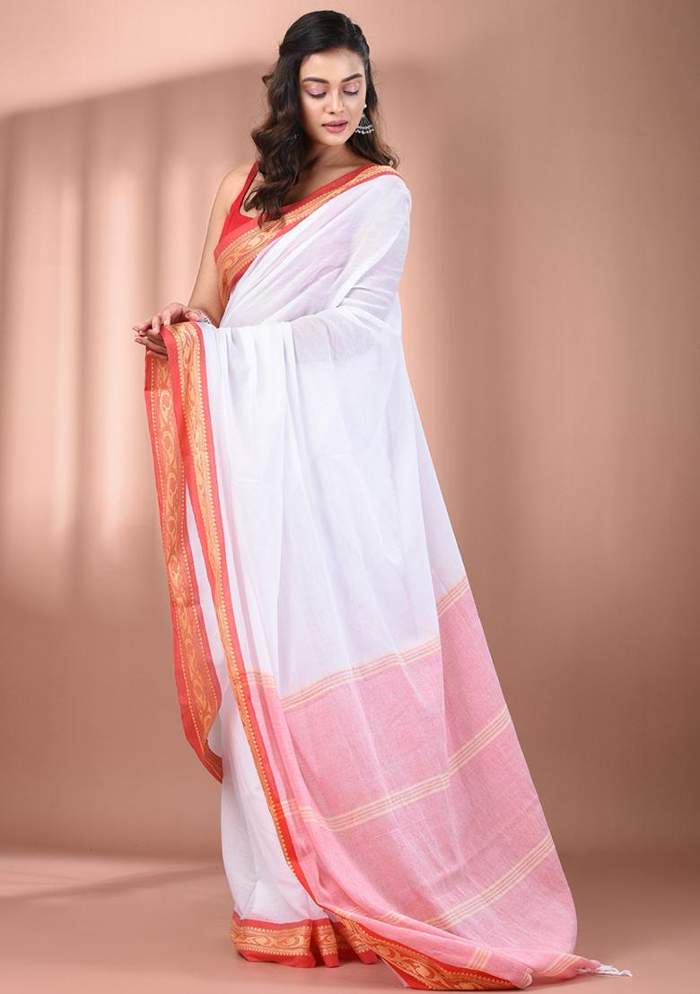 White Floral Embroidery Cotton Saree - Indya