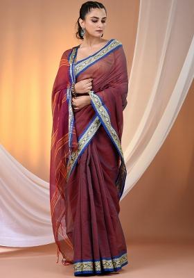 Purple Floral Embroidery Cotton Saree